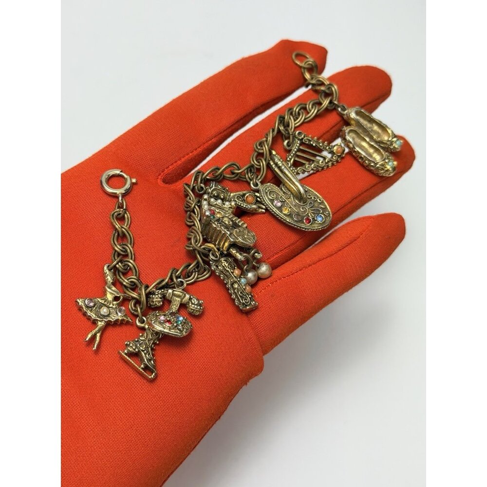 Vintage Gold Tone Charm Bracelet Ornate Filigree Charms Statement Jewelry